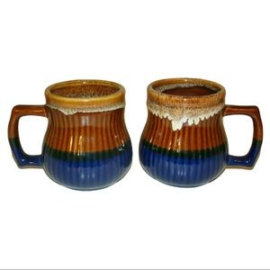 Pottery Dip Glazed Brown / Blue Coffee Mug Set of 2 Taiwan